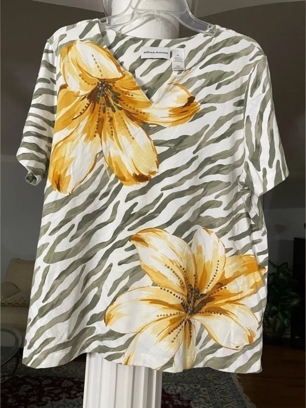 Alfred Dunner White Top with Olive Zebra Stripes and Yellow Floral Print
